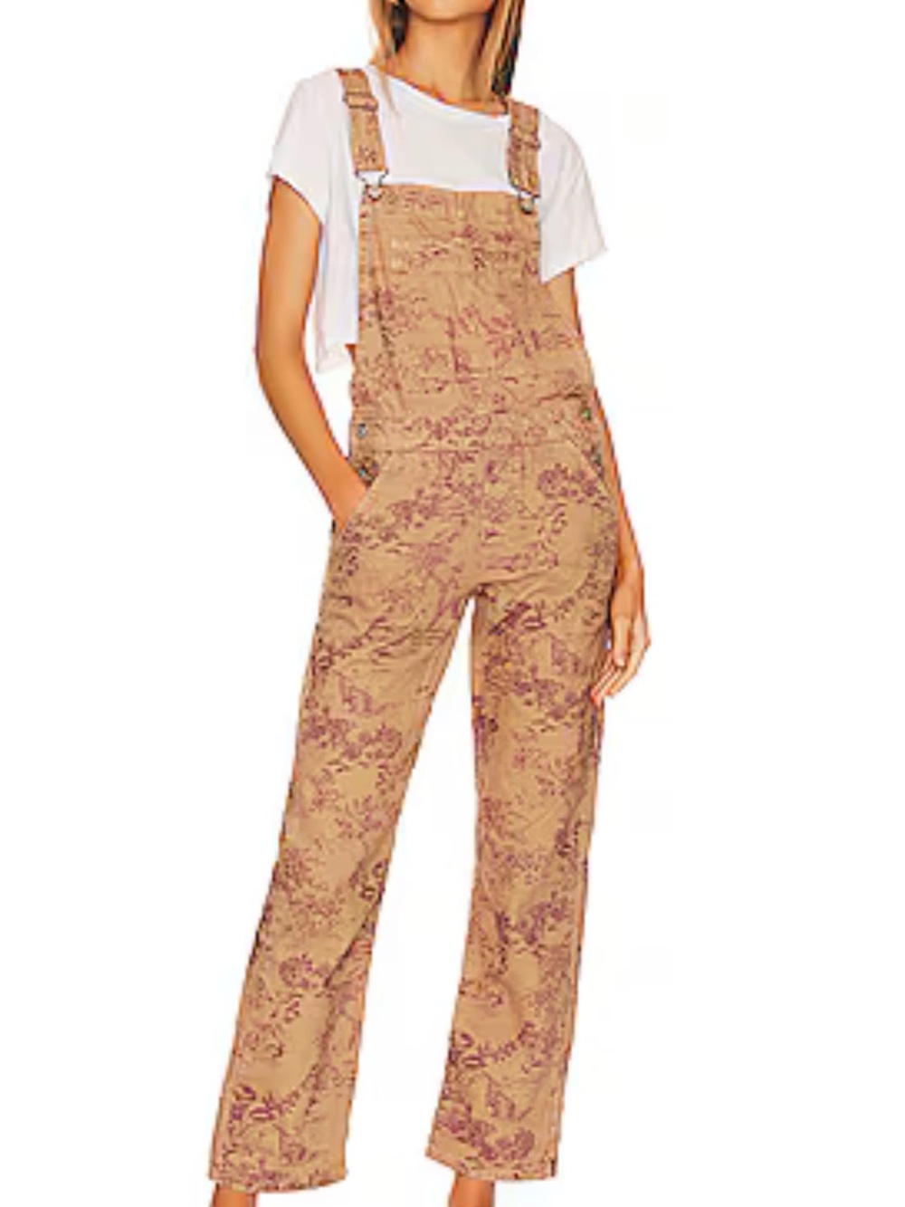 We The Free Tan Floral-Print Cotton Overalls